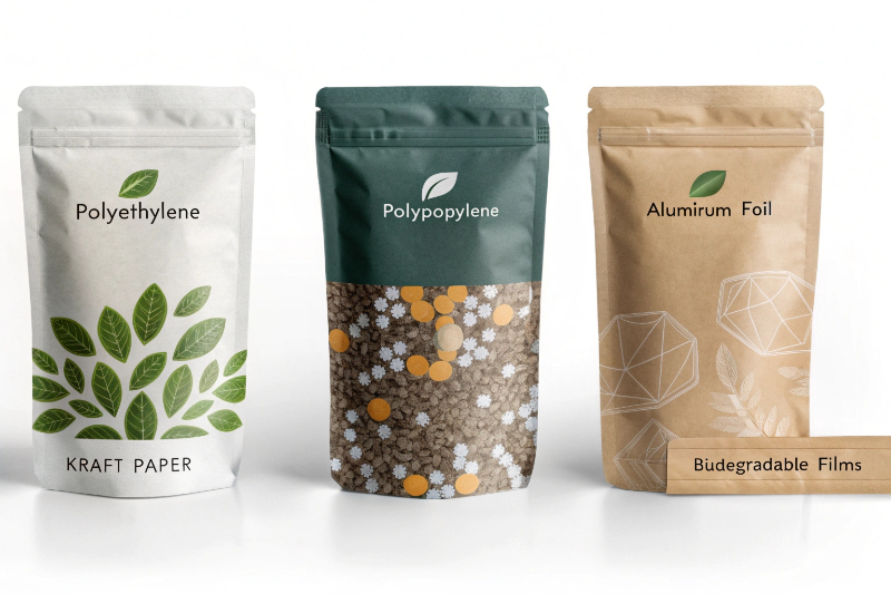 Three stand-up pouches made of polyethylene, polypropylene, and aluminum foil materials, featuring eco-friendly designs and biodegradable options.