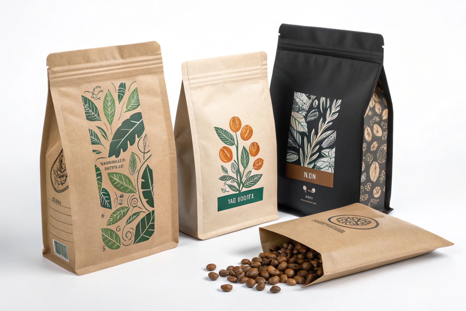 Four eco-friendly coffee packaging bags in kraft and black material with leaf and bean designs, one lying open with beans spilling out.