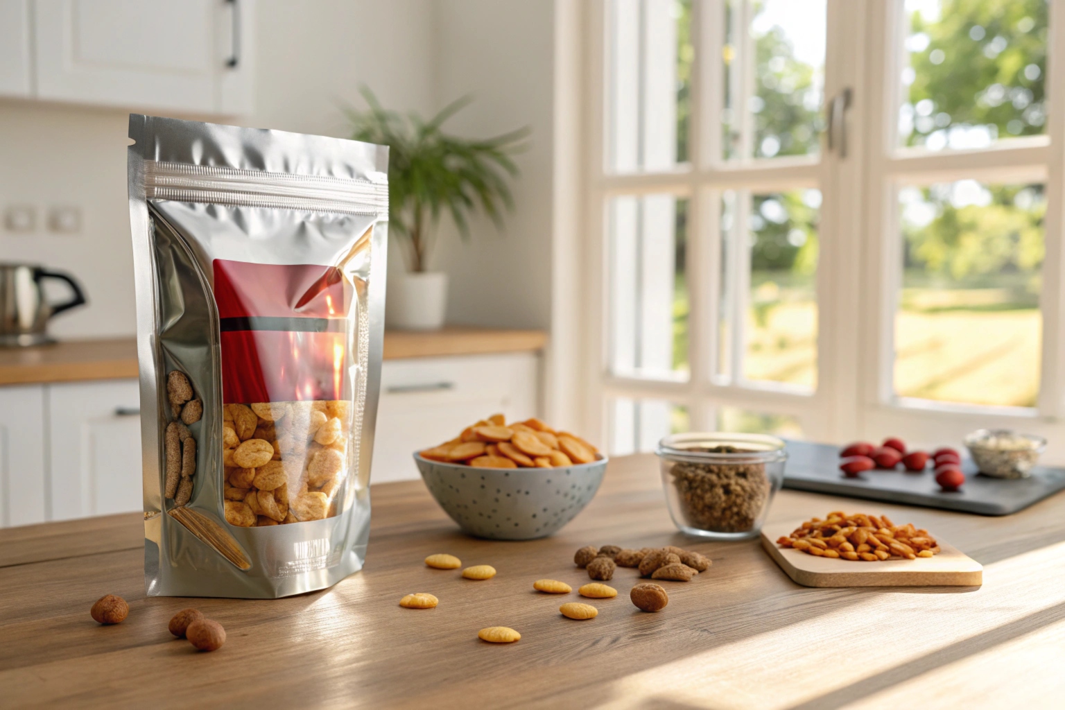 Transparent resealable stand-up pouch filled with snacks on a wooden kitchen countertop, surrounded by bowls and trays of nuts and dried fruits.