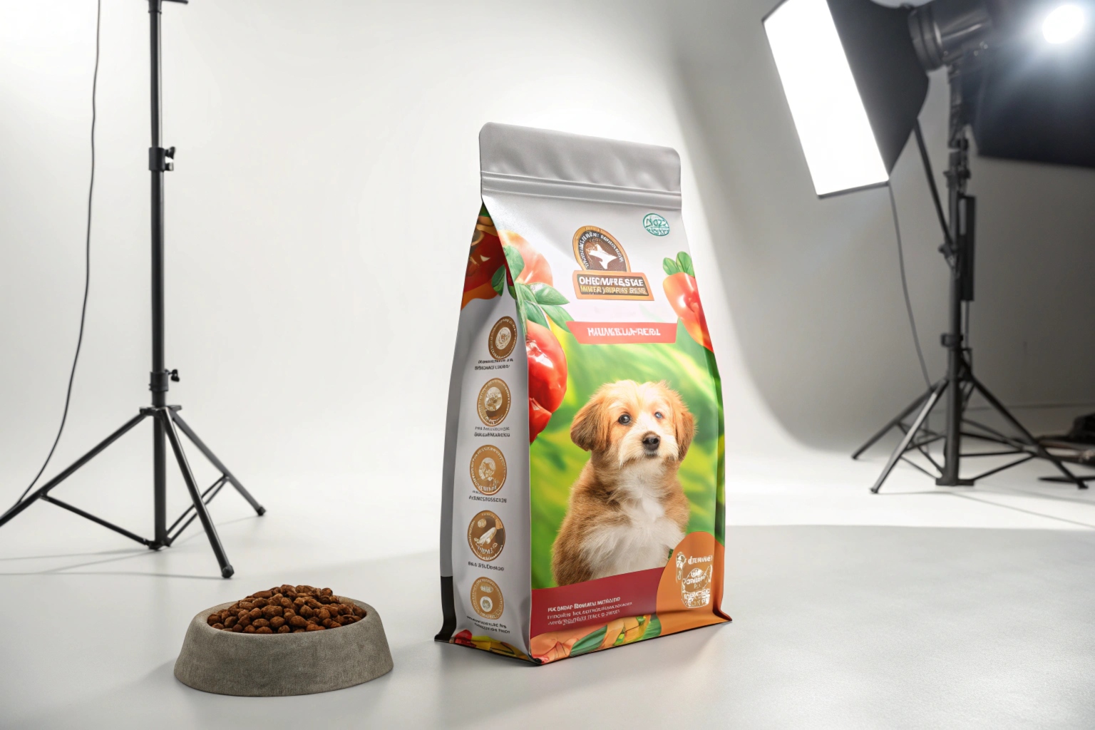 Colorful dog food packaging featuring a puppy image and nutritional icons, placed in a studio setting with lights and a bowl of dog food.