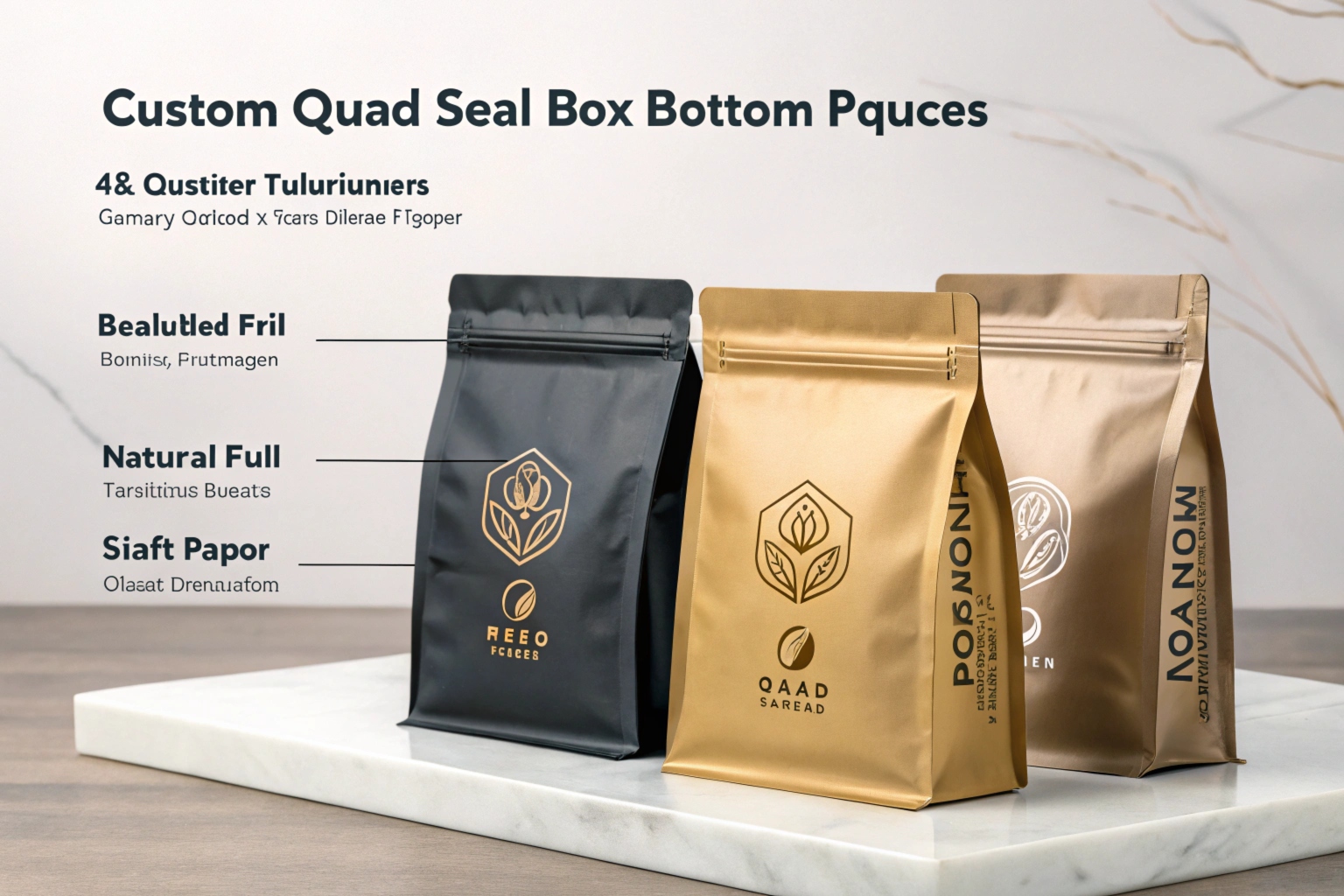  Three custom quad-seal box-bottom pouches in black, gold, and bronze colors, displayed with elegant branding and premium design.