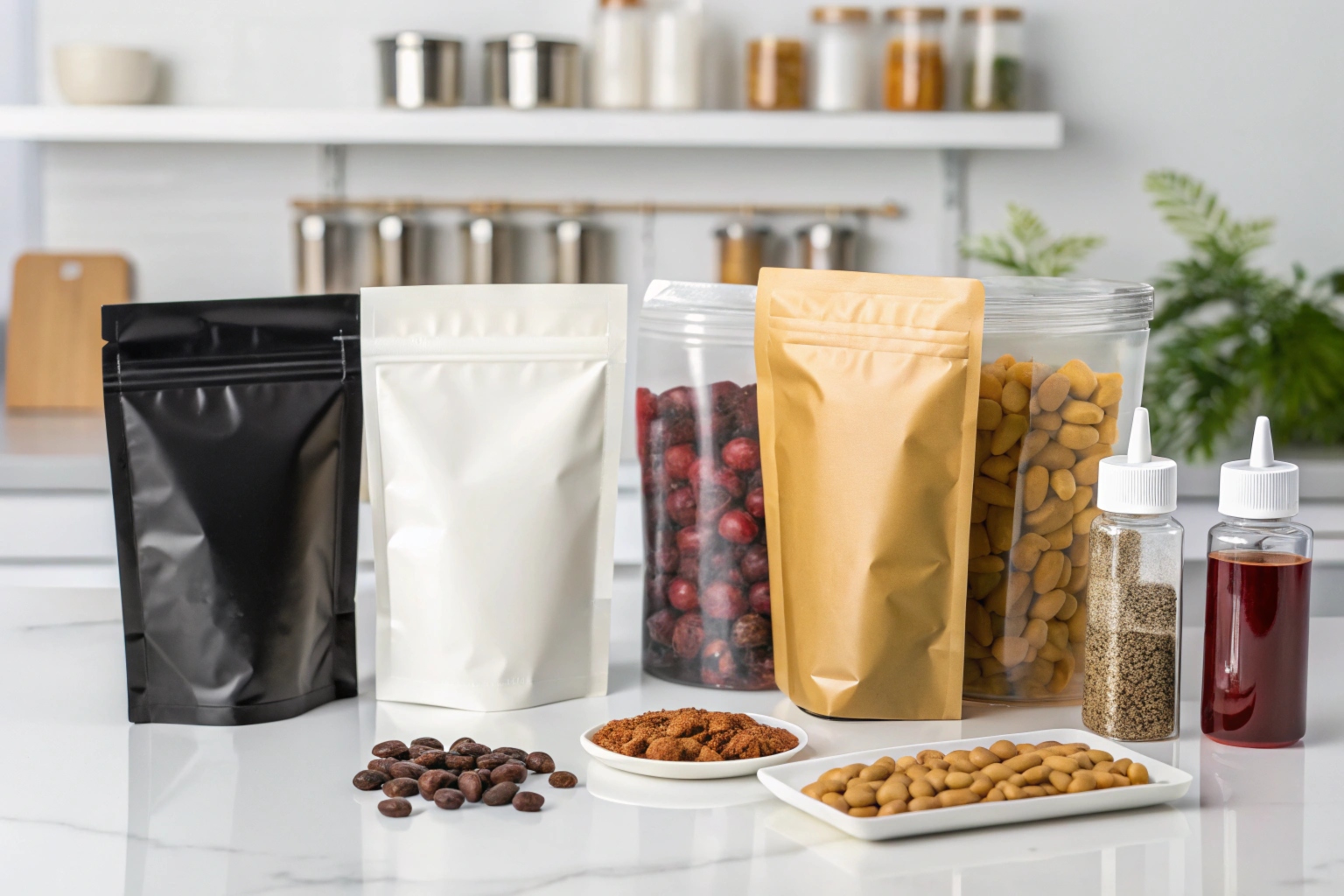 Assorted stand-up pouch packaging in black, white, and kraft paper, with dried fruits, nuts, and seasonings displayed on a kitchen counter.