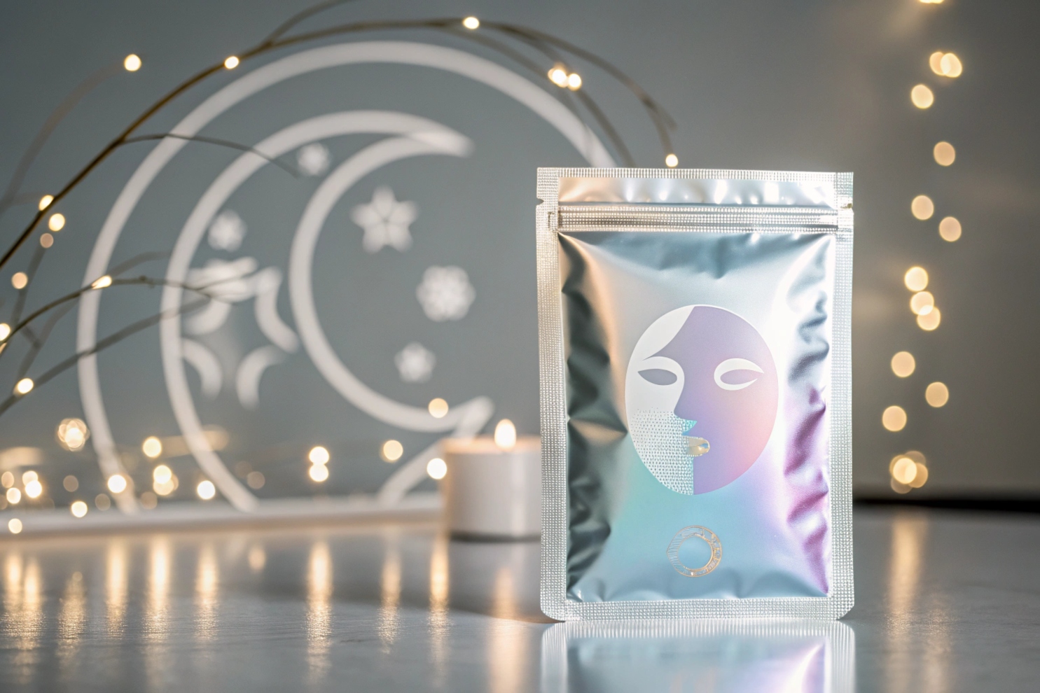 Shiny silver facial mask packaging with a minimalist design, set against a dreamy background with soft lights and moon-themed decorations.