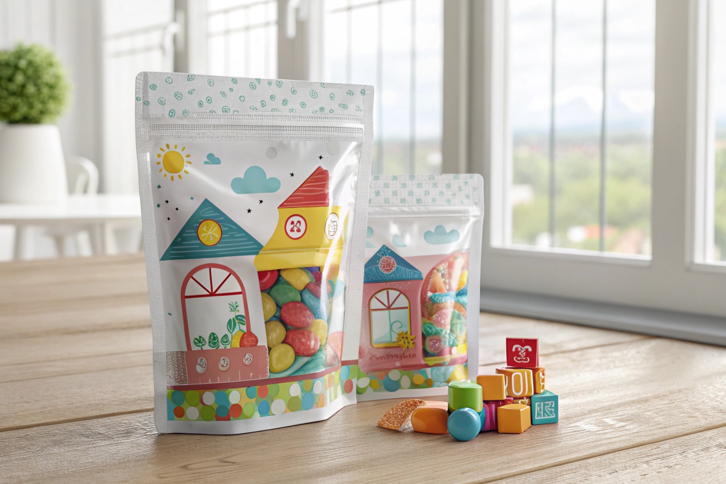 Colorful resealable candy packaging with playful house illustrations, displayed on a wooden table with vibrant candy pieces and toy blocks.