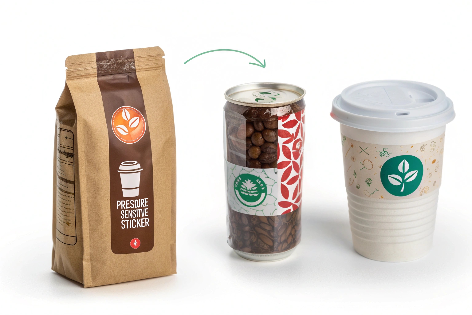 Coffee packaging set with kraft pouch, paper sleeve cup, and plastic cup featuring pressure-sensitive label designs.
