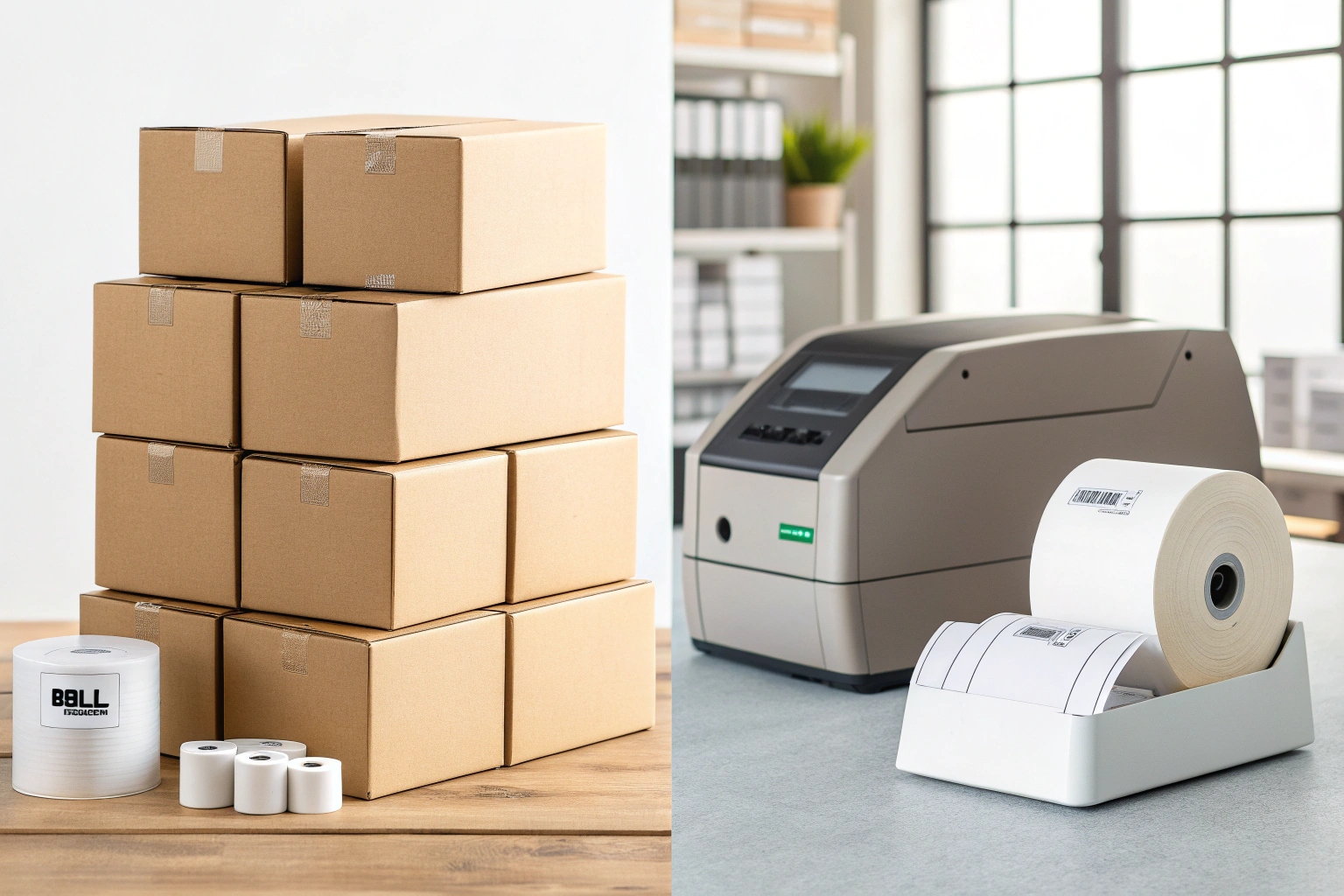 Stack of cardboard shipping boxes with thermal printer and barcode label rolls on office desk.