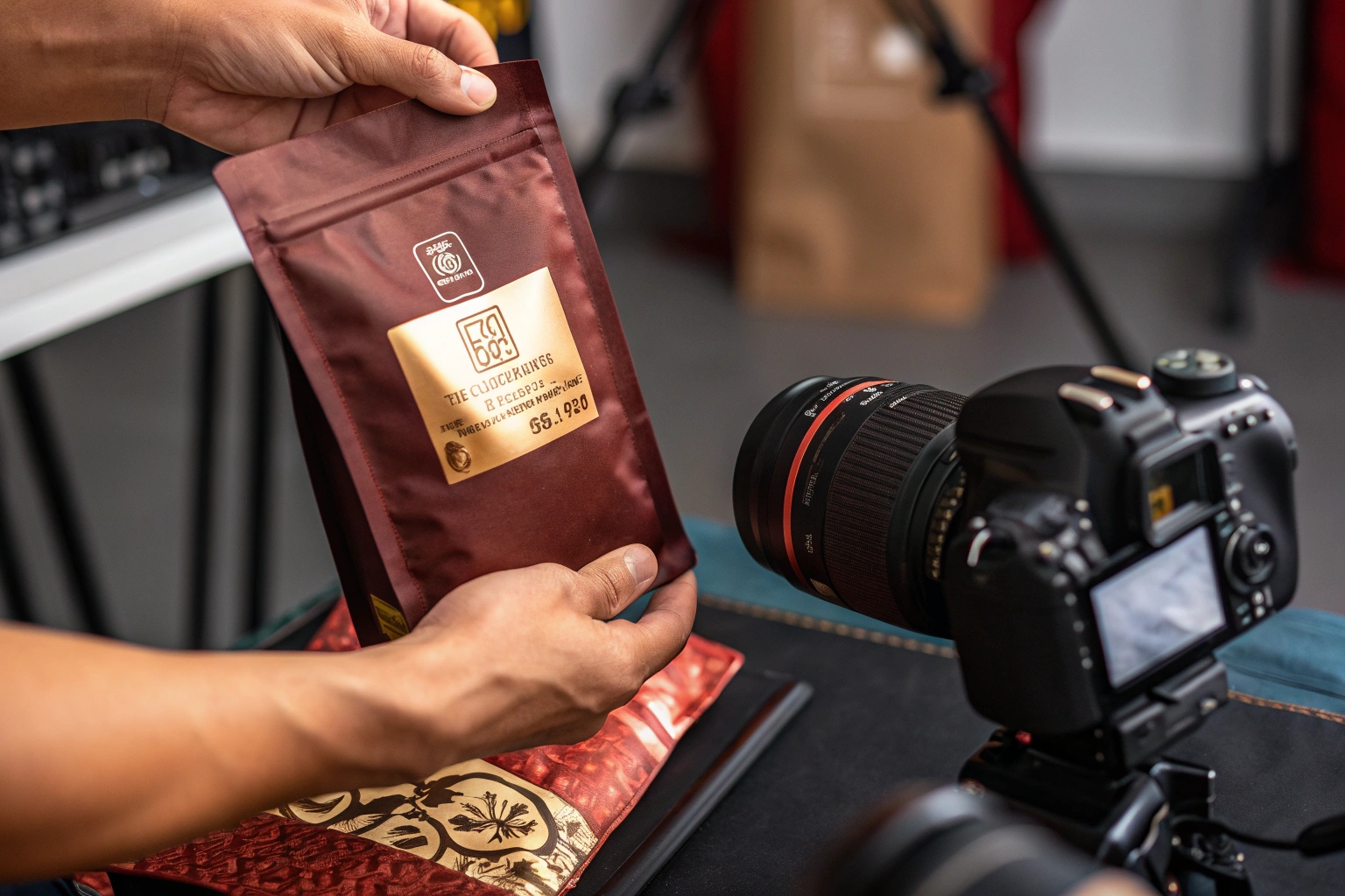 Person holding a maroon coffee pouch with gold label in front of professional camera for product photography.