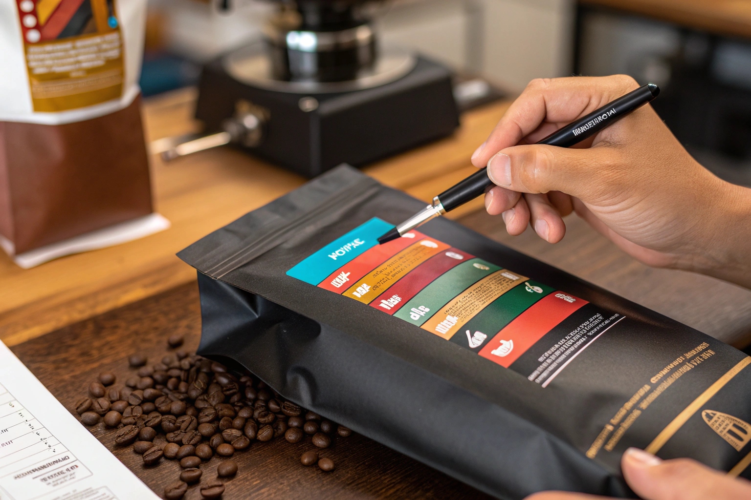 Person reviewing colorful printed label on black coffee pouch with spilled coffee beans on wooden table.