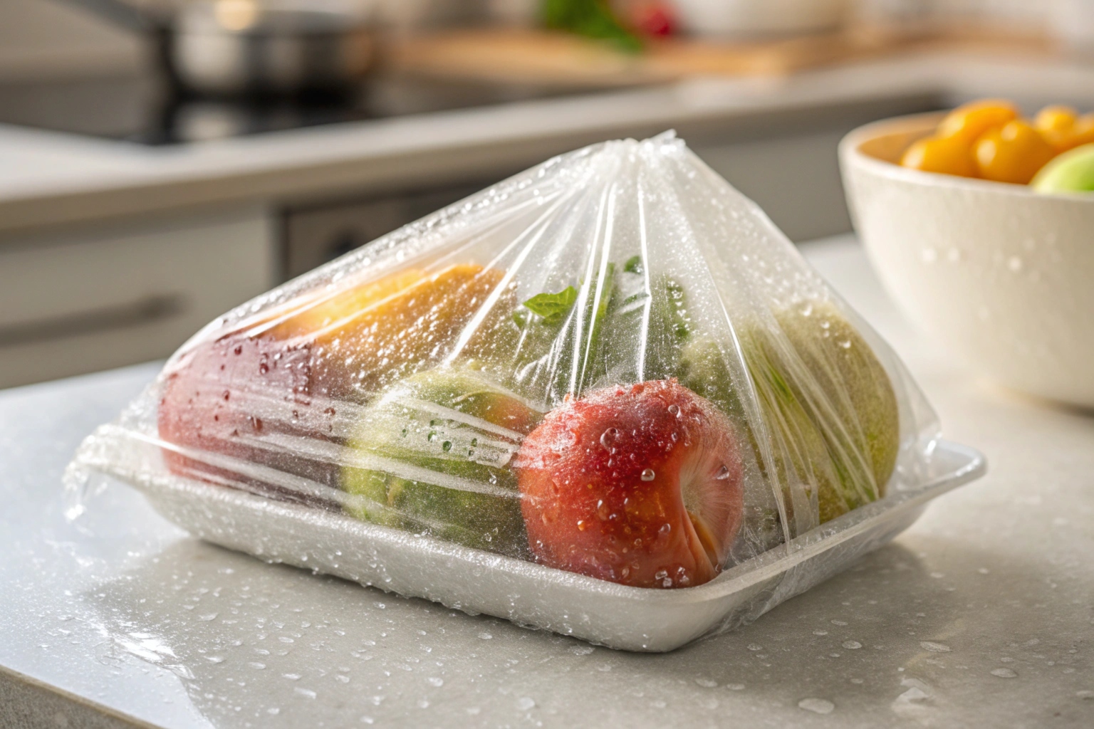 Fresh fruits wrapped in a clear plastic film on a foam tray, with condensation droplets on the surface.