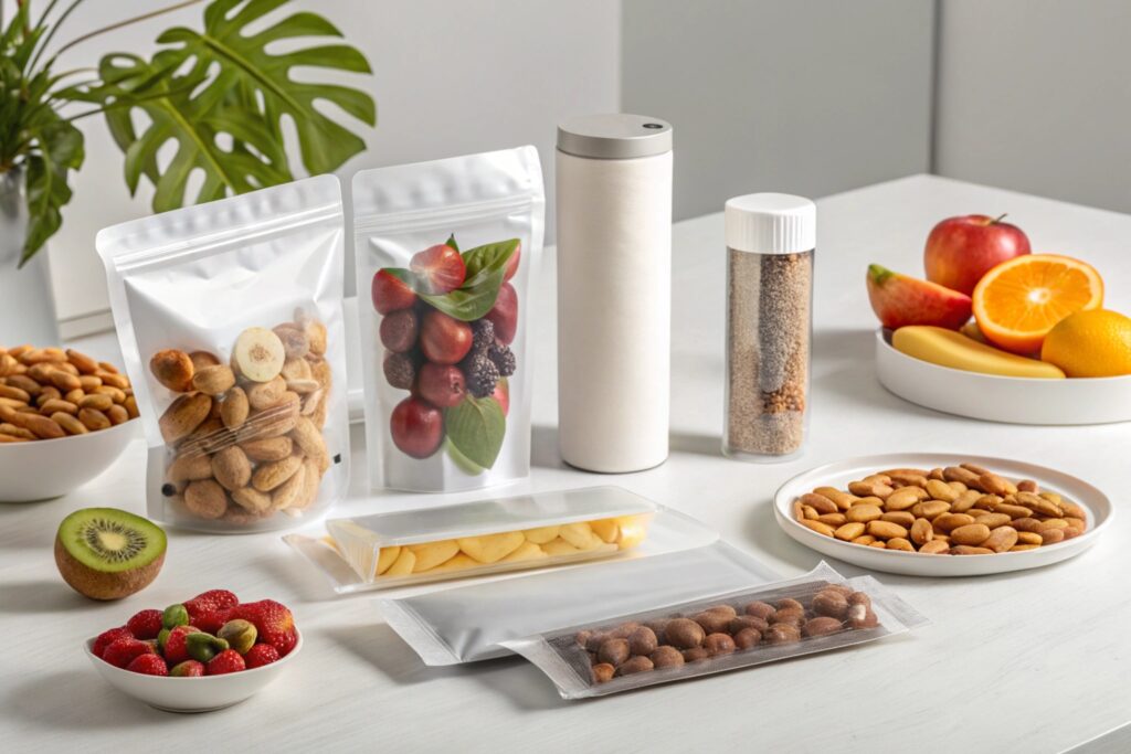 Various food packaging pouches displayed on a table, containing nuts, dried fruits, and fresh produce like kiwi and strawberries, showcasing customizable and high-quality options.