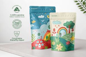 Two colorful stand-up pouches with eco-friendly designs featuring rainbows, trees, and flowers, highlighting sustainability.