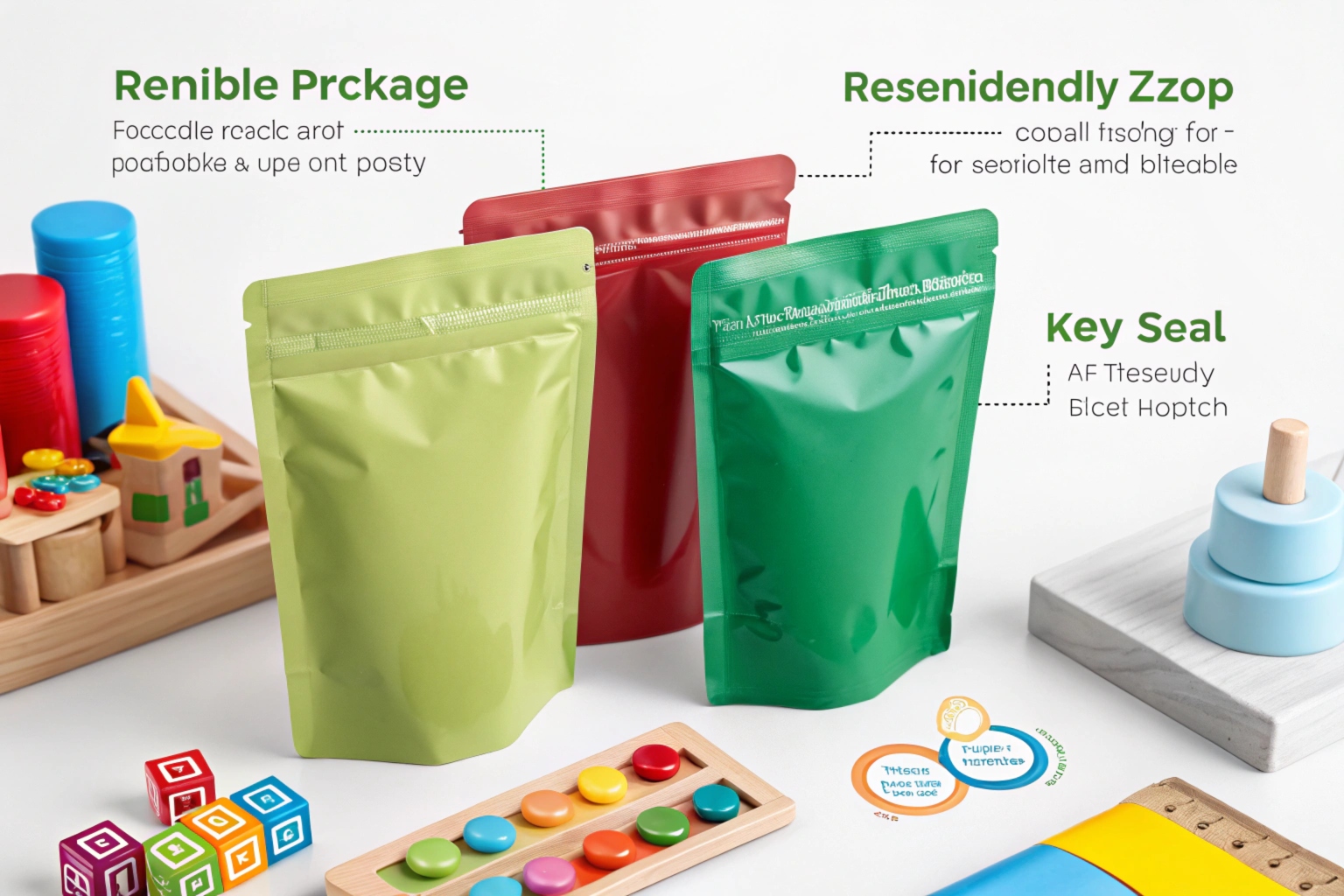 Three colorful stand-up pouches in green, red, and dark green with resealable zippers, displayed on a table surrounded by wooden toys and colorful educational items.