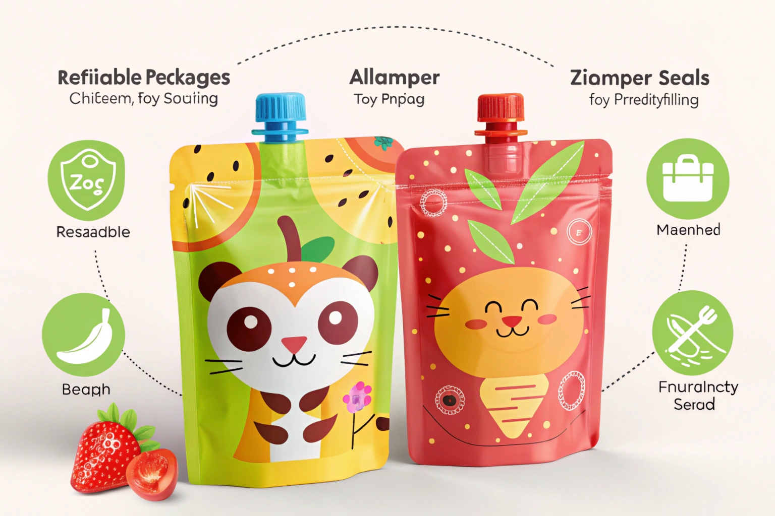 Three colorful spout pouches featuring playful animal and fruit designs, accompanied by an eco-friendly snack wrapper, displayed with sustainability-focused icons.