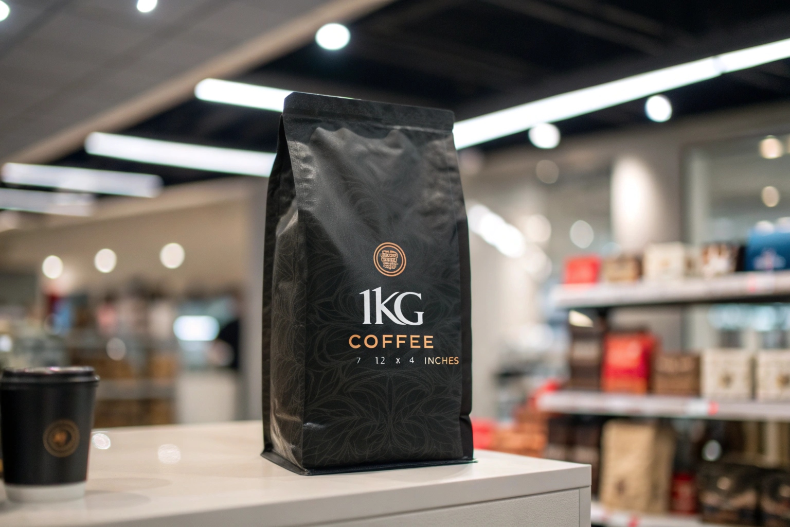 Black 1kg coffee bag with gold and white text, featuring dimensions (7 x 12 x 4 inches), displayed on a counter in a modern retail setting.