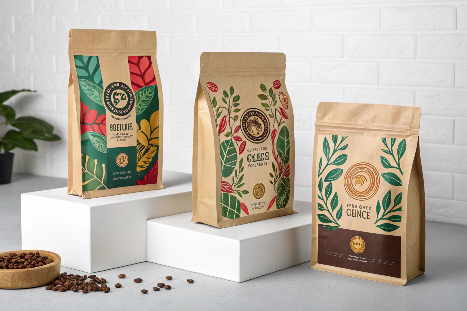 Kraft paper coffee packaging bags with vibrant leaf designs, displayed with coffee beans on a modern setup.