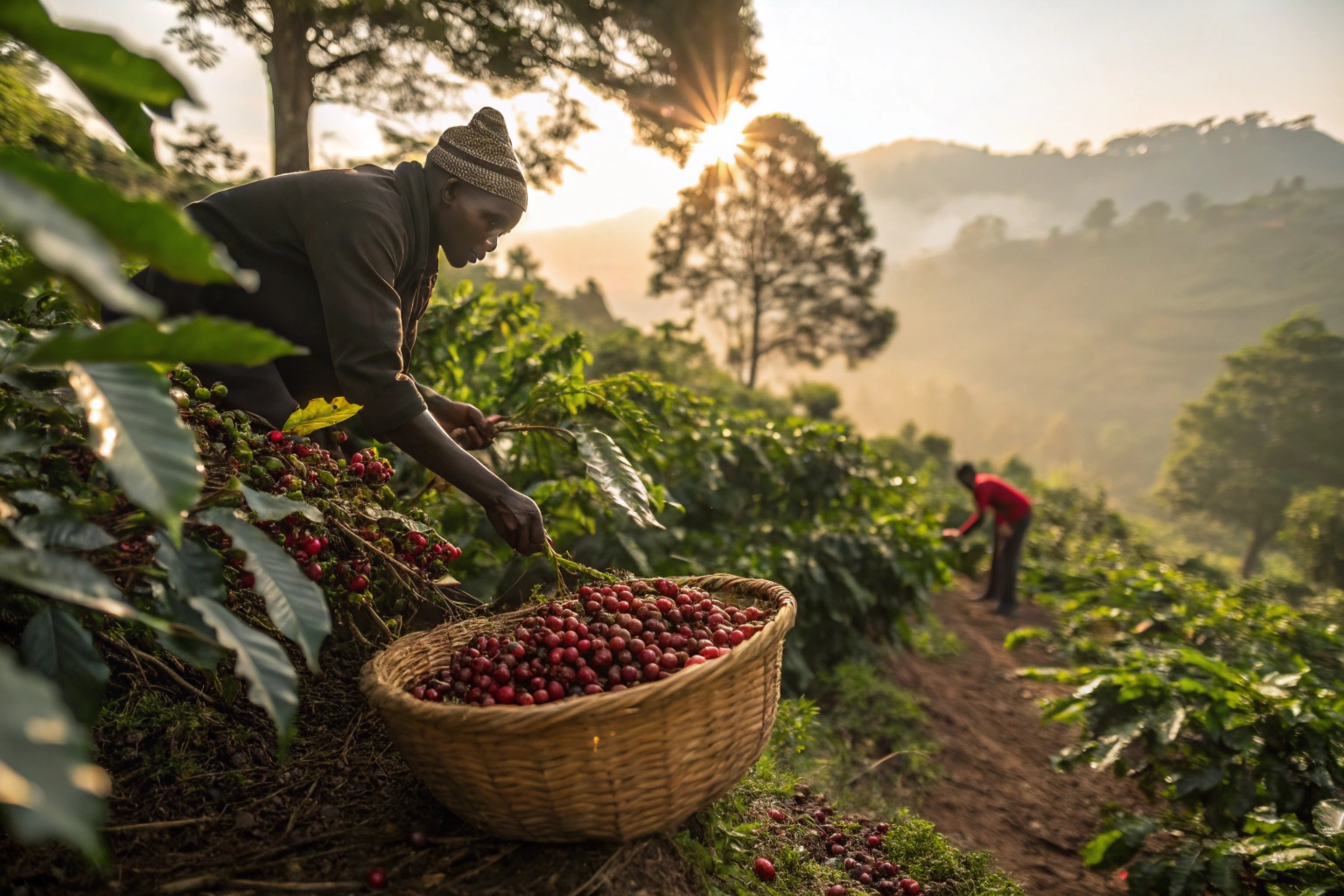 Farmer harvesting ripe red coffee cherries in a lush hillside plantation during sunrise.