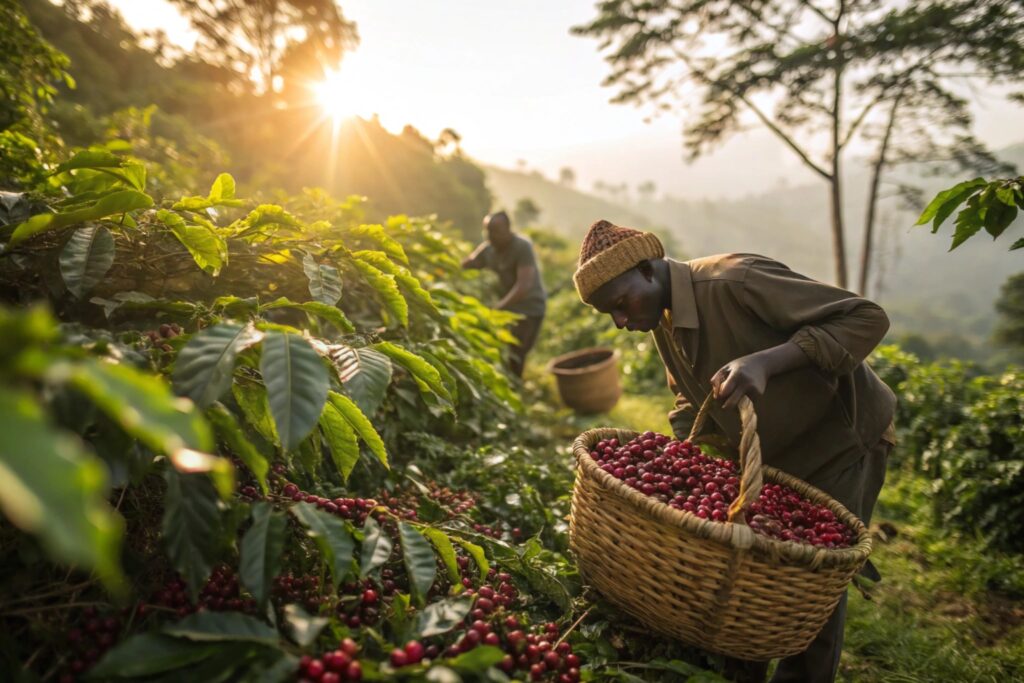 Farmer harvesting ripe red coffee cherries in a lush hillside plantation during sunrise.