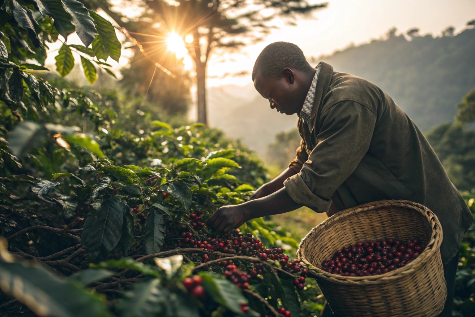 Farmer harvesting ripe red coffee cherries in a lush hillside plantation during sunrise.