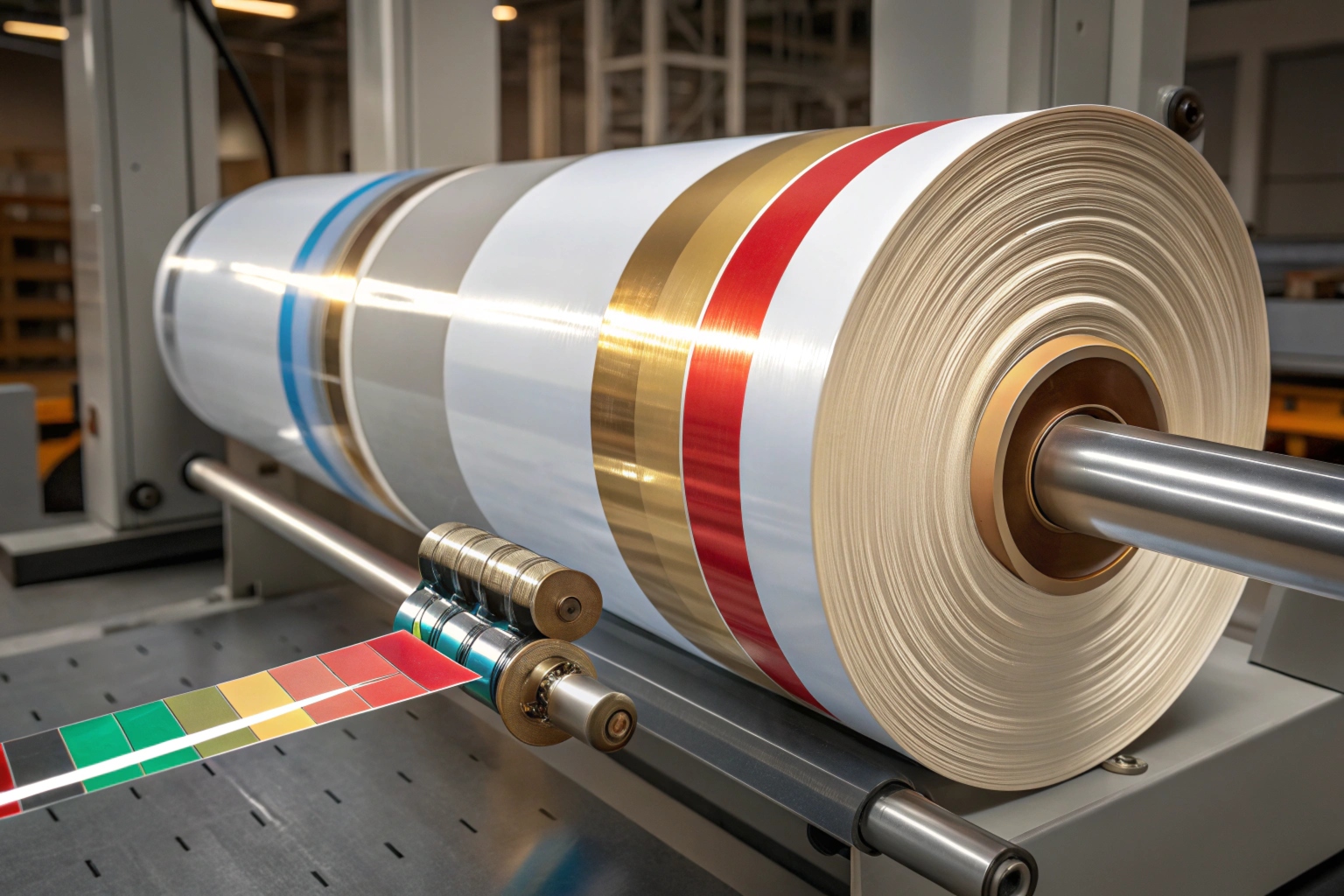 Large roll of flexible packaging material with metallic and colorful stripes in a production machine.