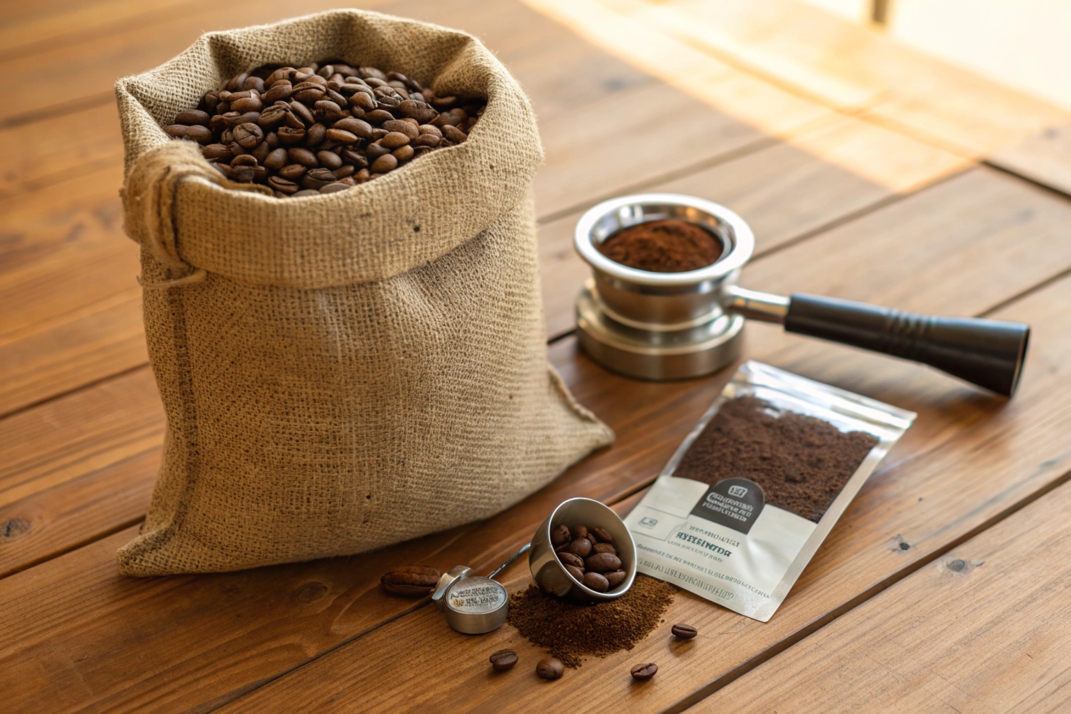 Burlap sack filled with coffee beans, a portafilter, measuring spoon, and ground coffee pouch on a wooden table.