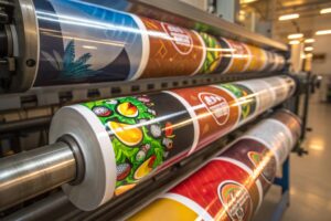 Printed laminated rolls with colorful designs for flexible packaging production in a factory.