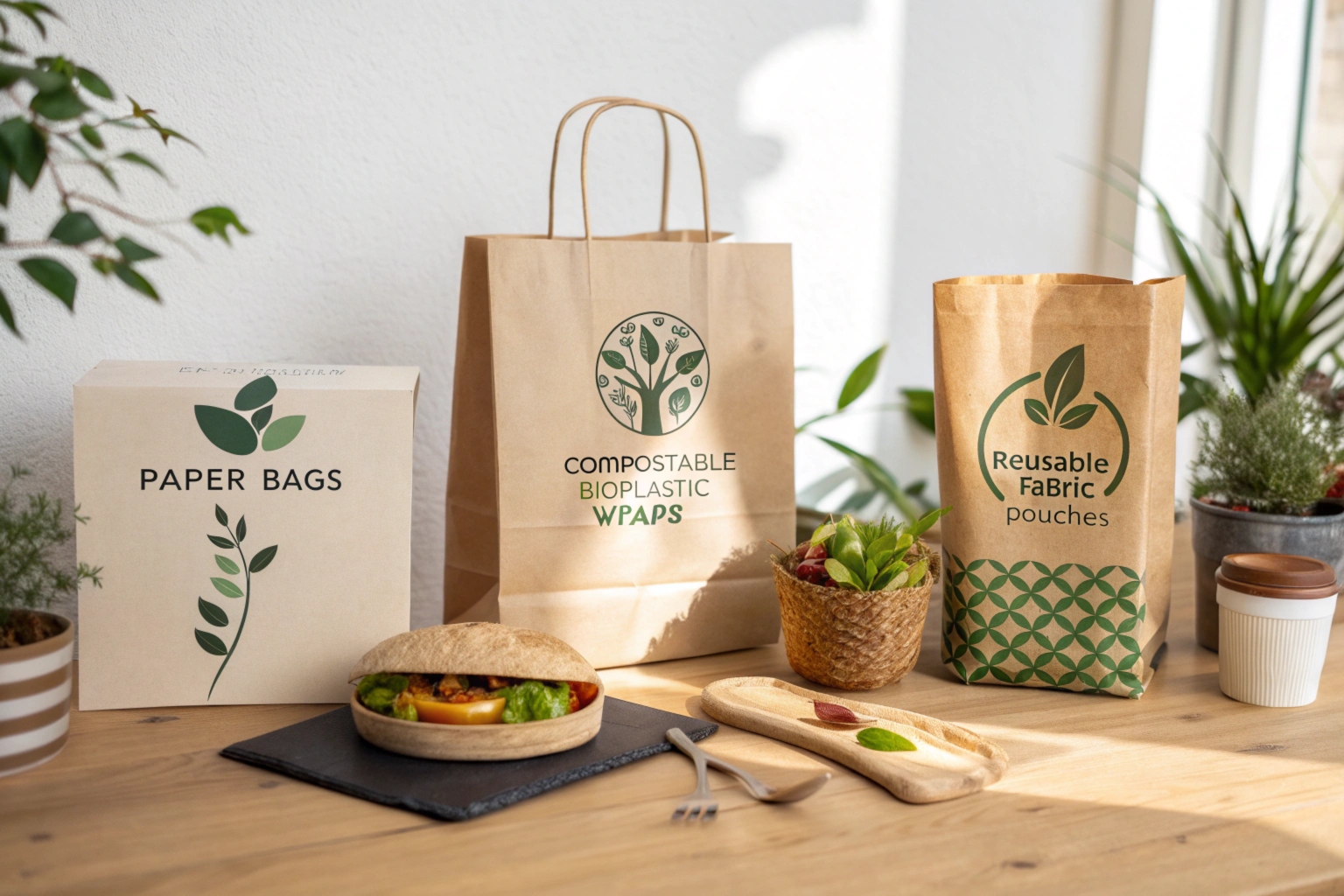 Eco-friendly packaging options displayed on a wooden table, including paper bags, compostable bioplastic wraps, and reusable fabric pouches, with sustainable utensils and a plant-based meal.