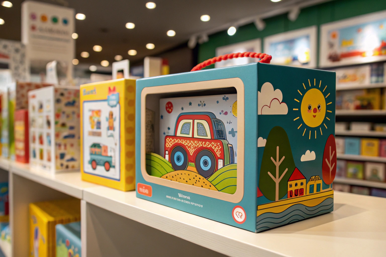 A colorful toy box with a car illustration and cheerful design, displayed on a shelf in a toy store surrounded by other similar packages.