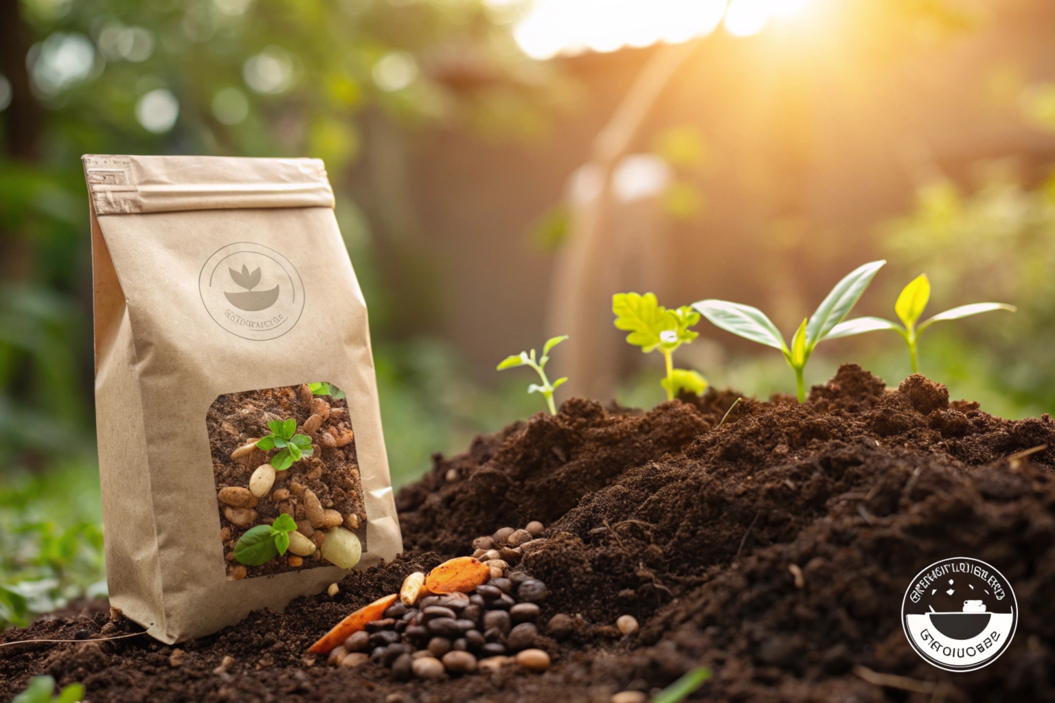 Kraft paper bag with transparent window showing coffee beans and plants, placed on soil with sprouting seedlings under sunlight.