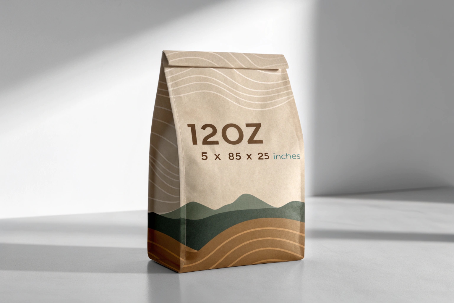  12oz kraft paper coffee bag with mountain-themed design, featuring dimensions (5 x 85 x 25 inches) printed on the front.