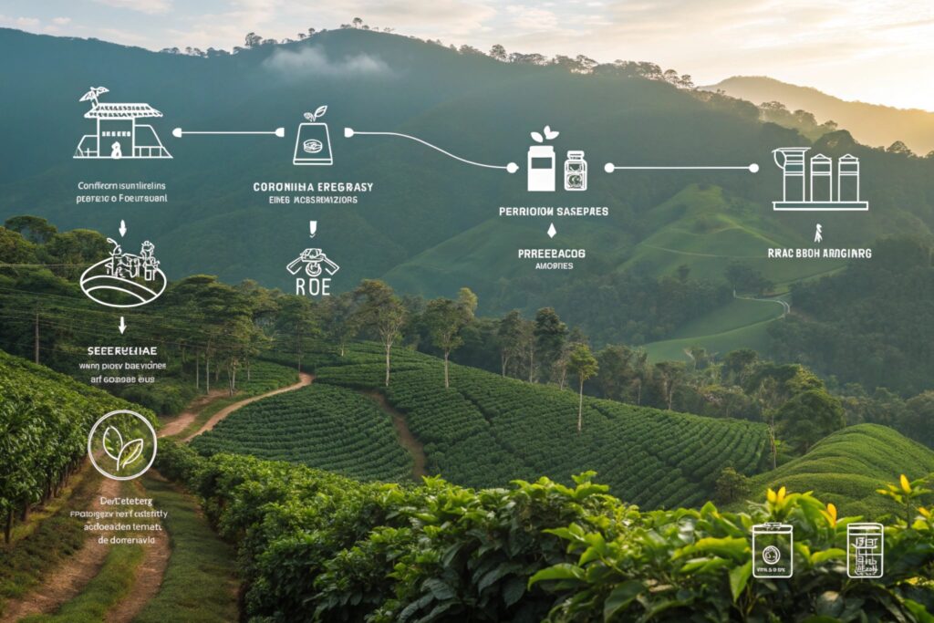 Scenic view of lush green plantations with an overlay of illustrated production flowchart and sustainable farming icons.