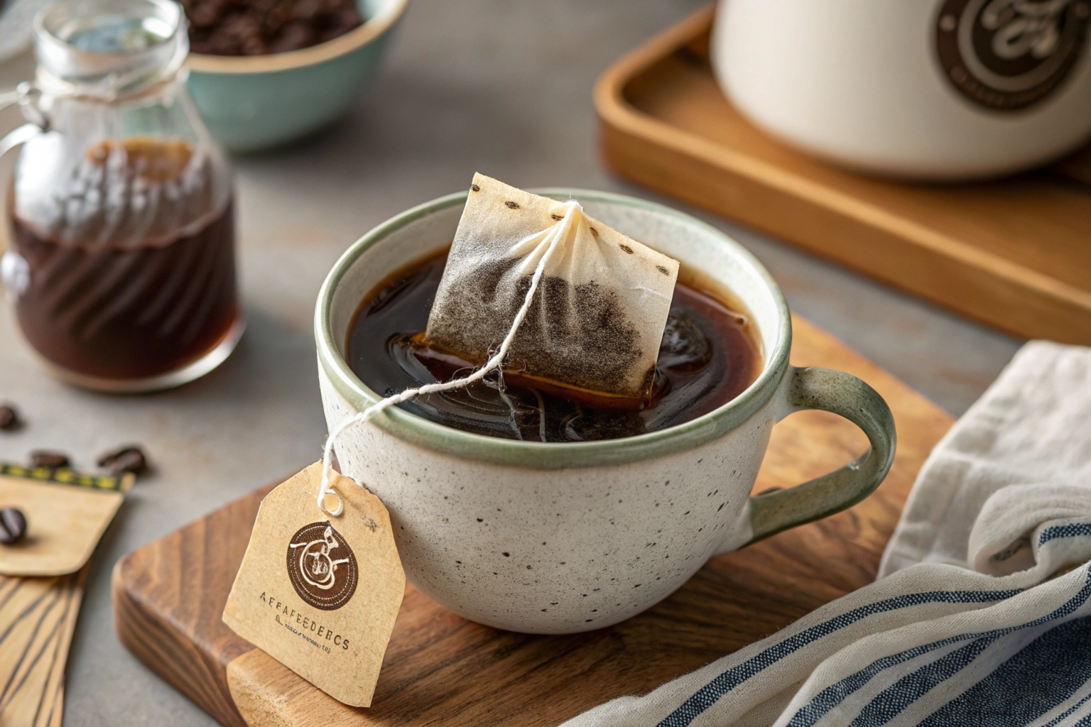 A ceramic cup of freshly brewed coffee with a teabag steeping, placed on a wooden coaster, surrounded by coffee beans and a glass jar of coffee.