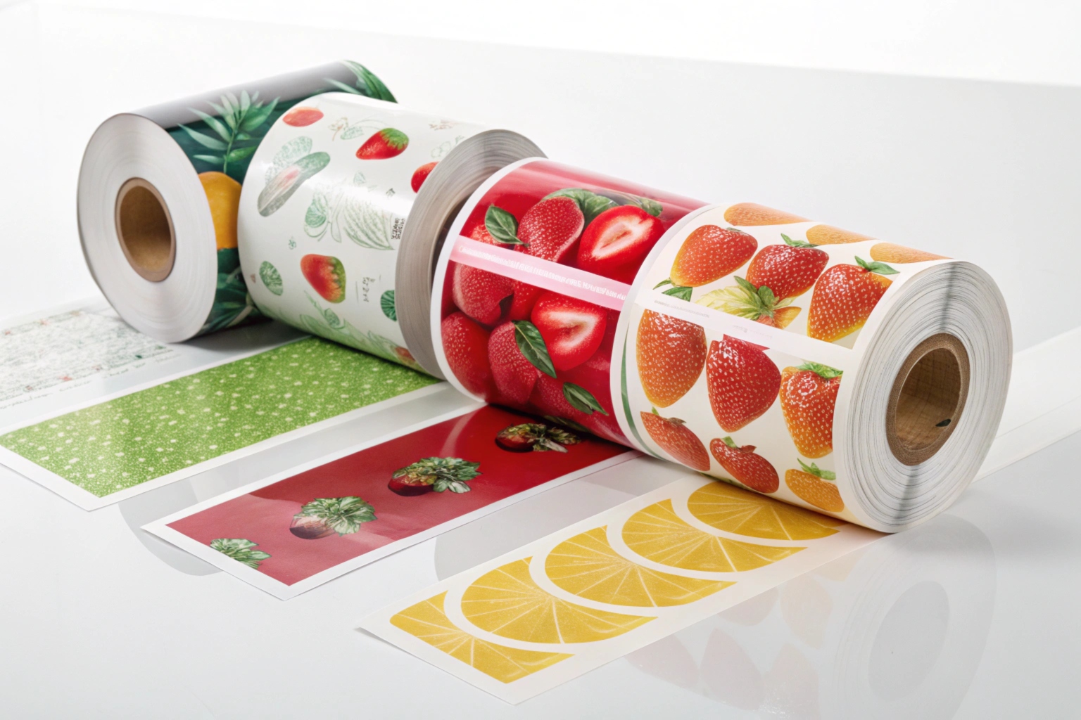 Colorful printed packaging rolls featuring fruit designs, including strawberries and lemons, displayed on a white surface.