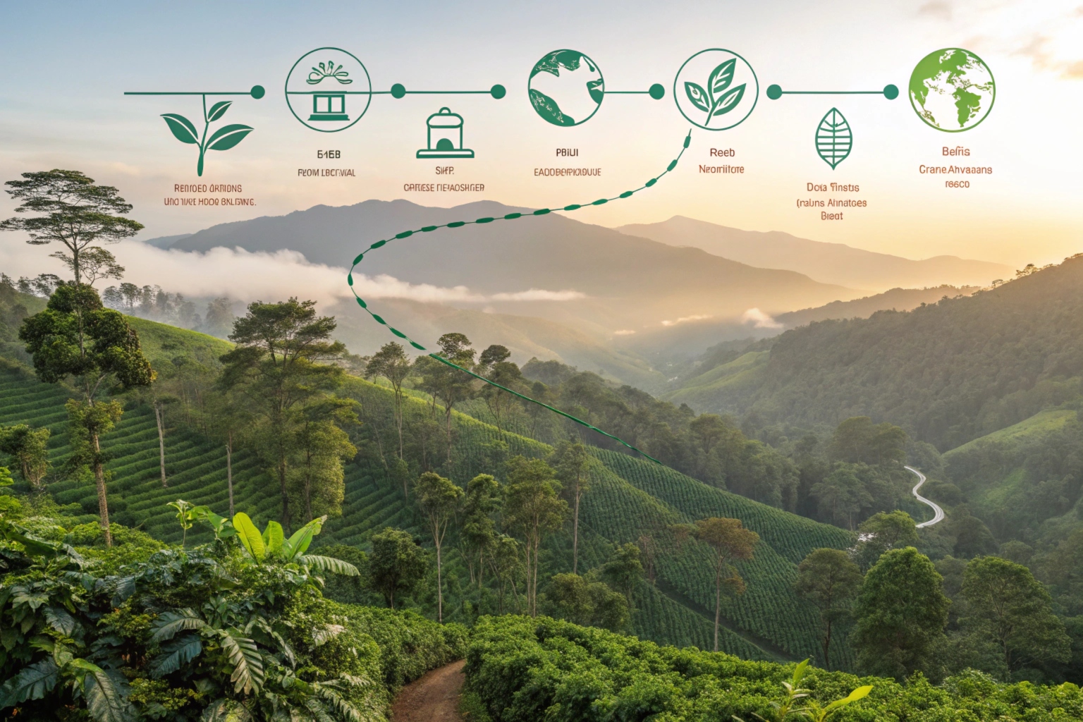 Scenic view of lush green plantations with an overlay of illustrated production flowchart and sustainable farming icons.