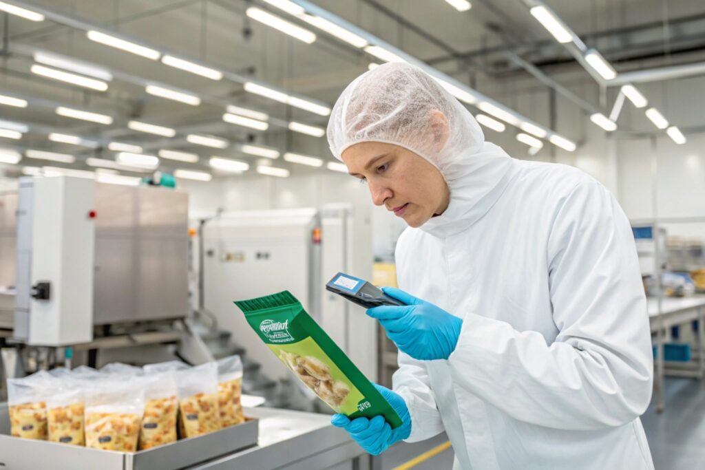 A quality control technician in protective gear inspecting a green packaged food pouch with a scanner in a clean production facility.