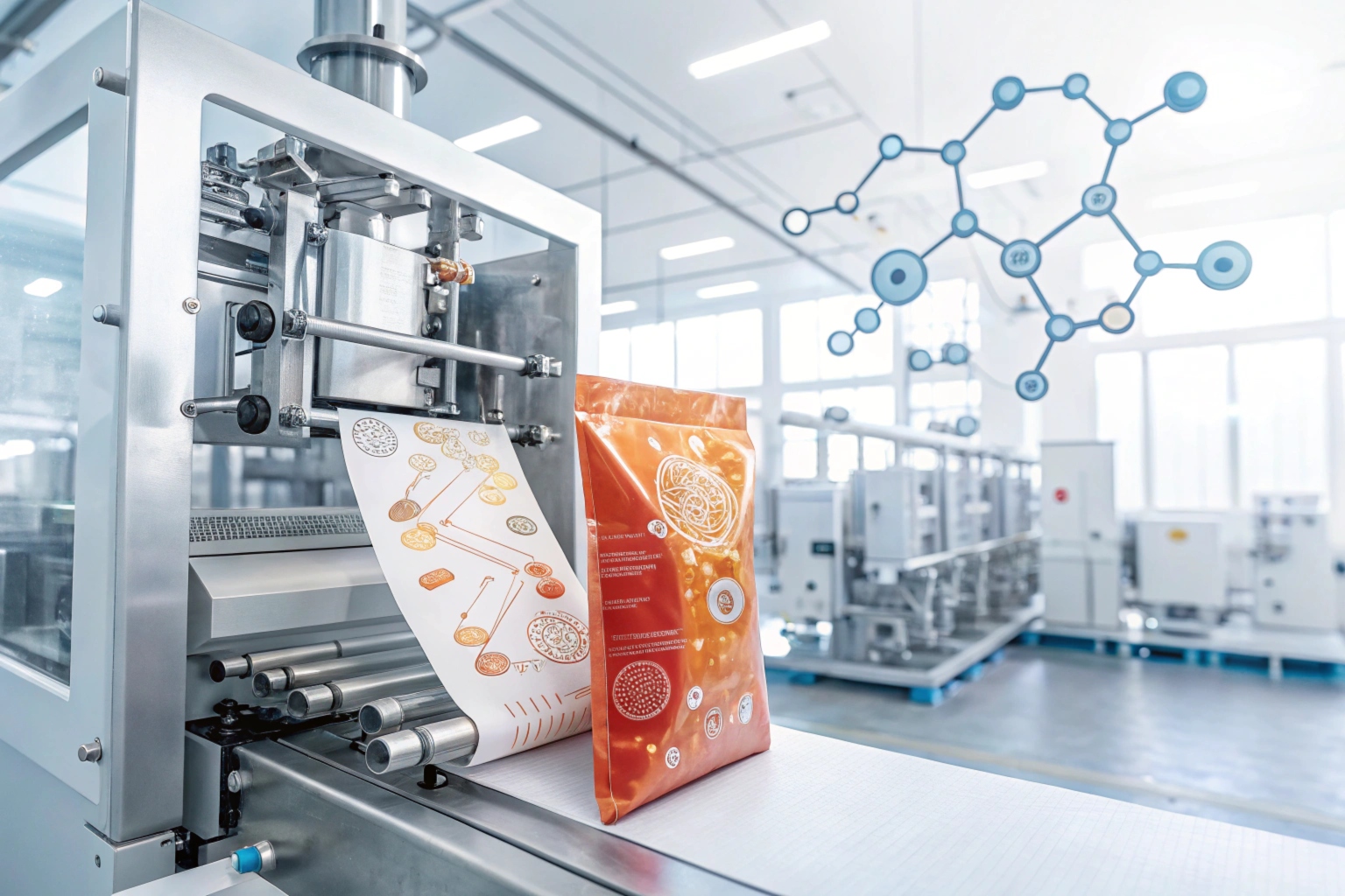  A modern packaging machine processing printed flexible film rolls, with a completed orange pouch displayed in a high-tech production facility.
