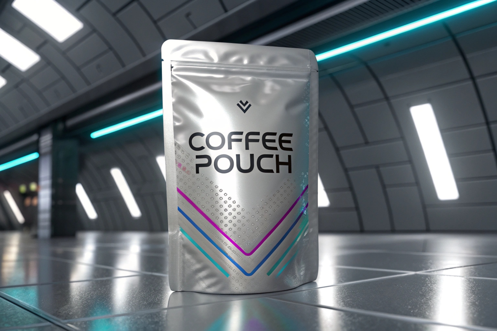 Futuristic silver coffee pouch with vibrant gradient accents displayed in a sleek, modern environment.