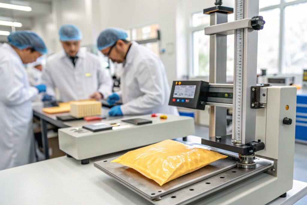 A sealed yellow pouch undergoing compression testing on a lab machine, with technicians in lab coats and hairnets analyzing results in the background.