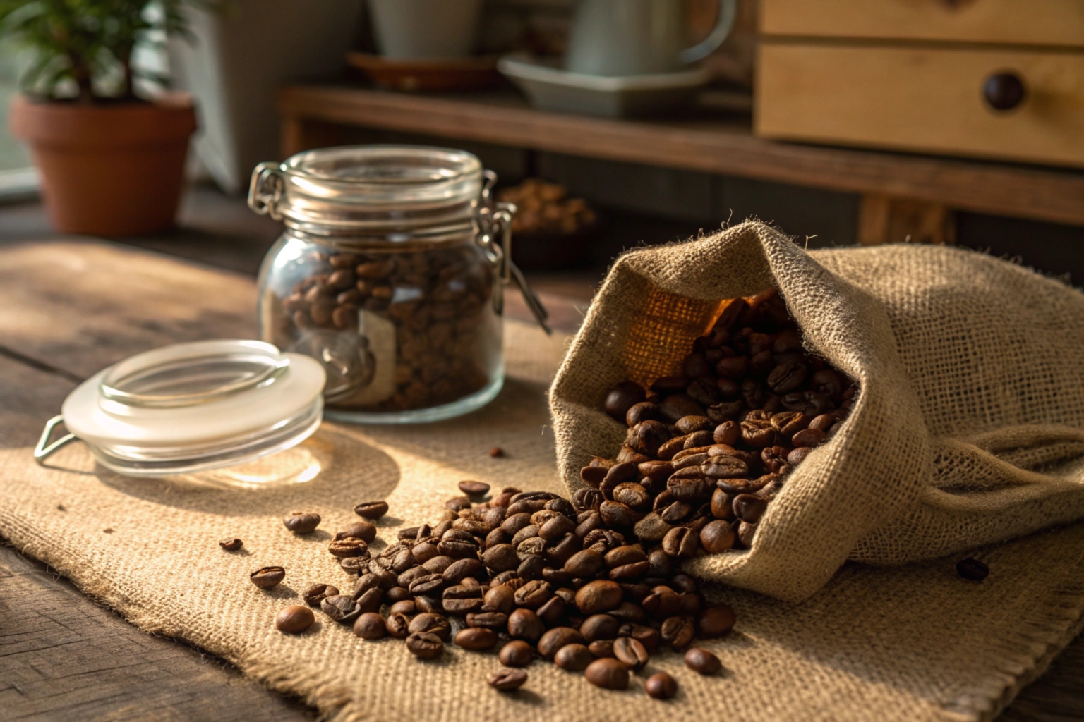 Burlap sack spilling coffee beans onto a table, next to a glass jar of beans in a warm, rustic kitchen setting.