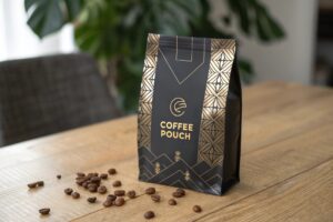 Black coffee pouch with gold geometric patterns on a wooden table, surrounded by scattered coffee beans.