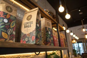 Eco-friendly coffee bags with colorful botanical designs displayed on a wooden shelf in a modern café setting under warm lighting.