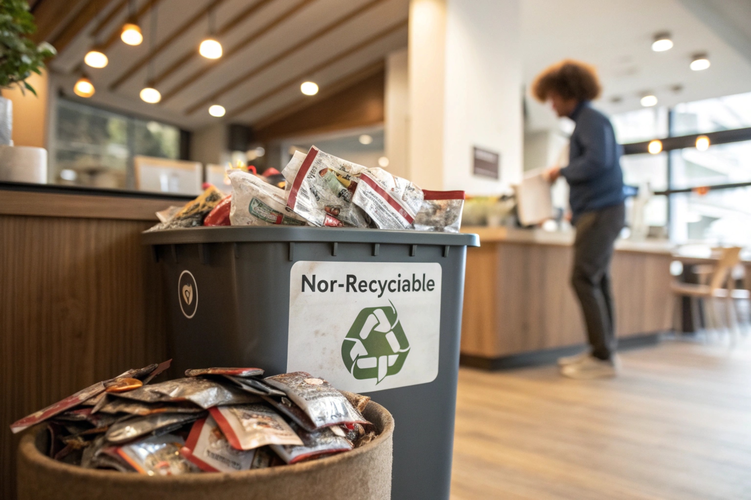 A gray bin labeled 