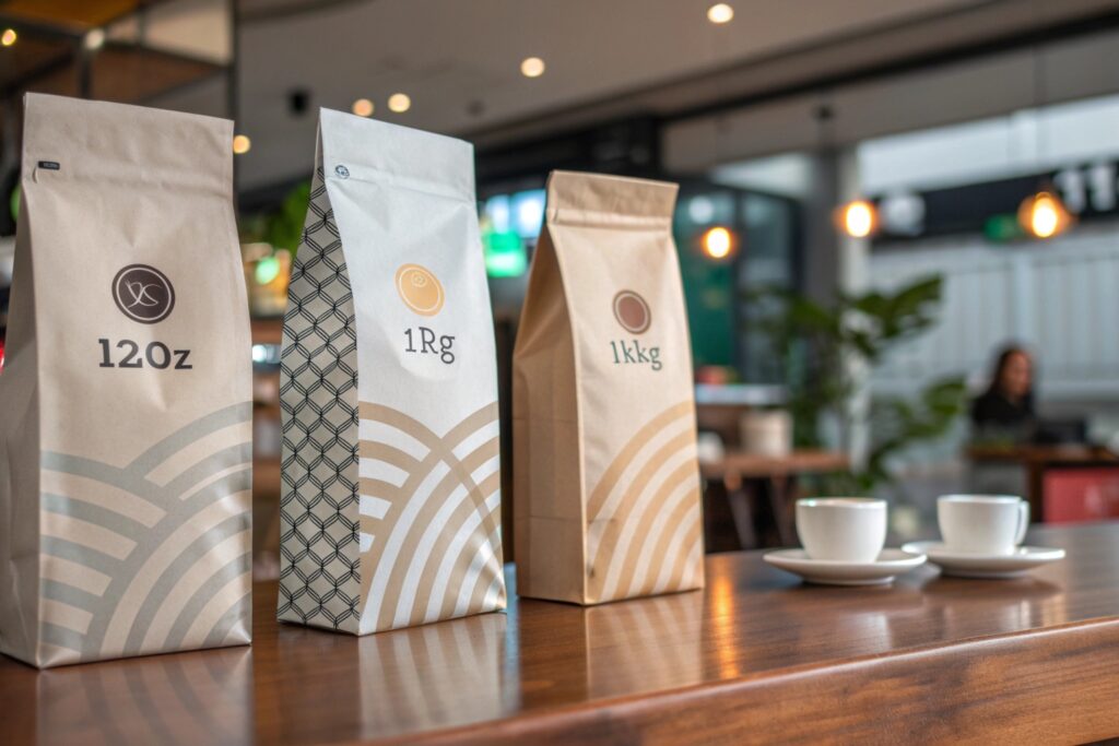 Three coffee packaging bags of varying sizes (12oz, 1Rg, 1kg) displayed on a wooden table, with two white cups and a blurred café background.