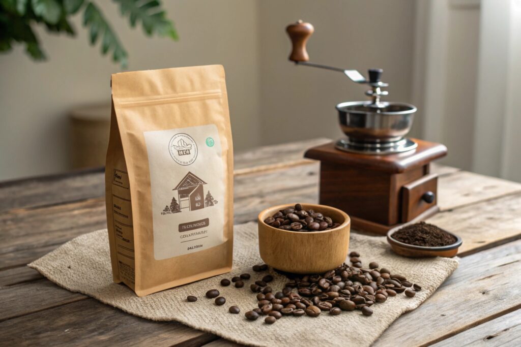 Kraft paper coffee bag with a rustic design on a wooden table, surrounded by coffee beans, a grinder, and ground coffee.