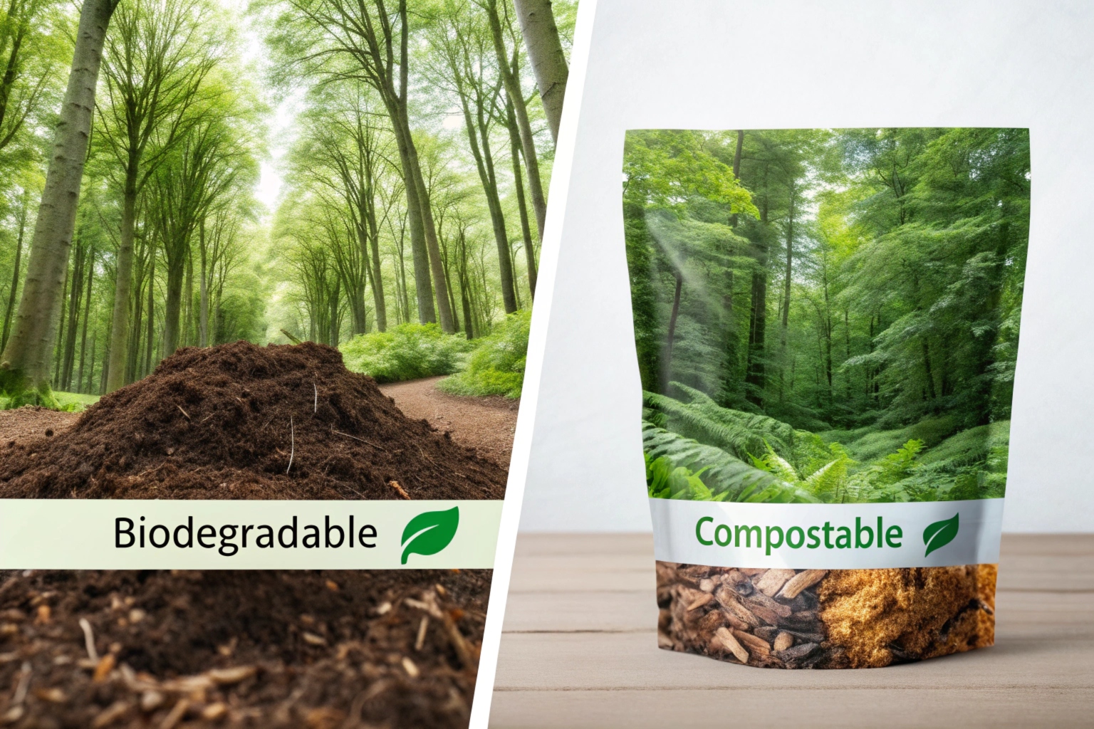 A split image showing a pile of compost in a lush forest labeled 