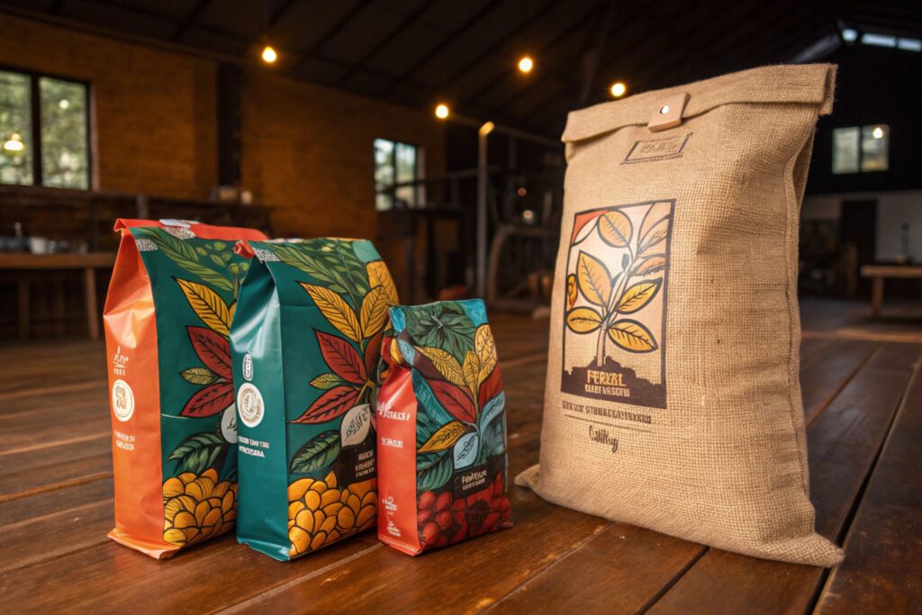 Colorful coffee packaging bags and a burlap sack with leaf designs, displayed on a wooden table in a rustic setting.