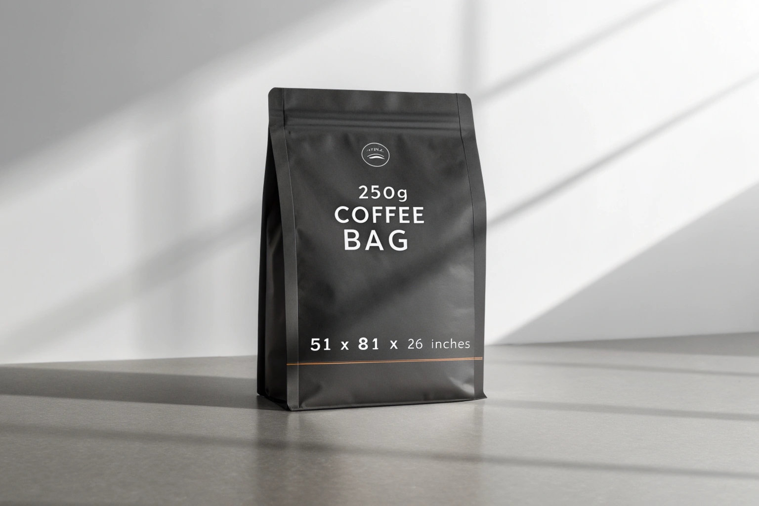 Matte black coffee bag labeled 