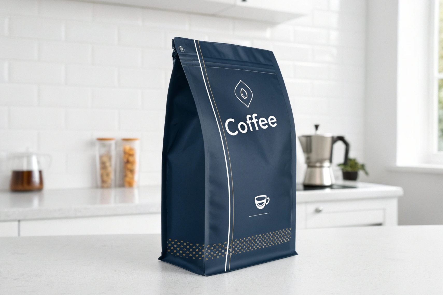 Navy blue coffee bag with minimalist white design placed on a clean kitchen countertop.