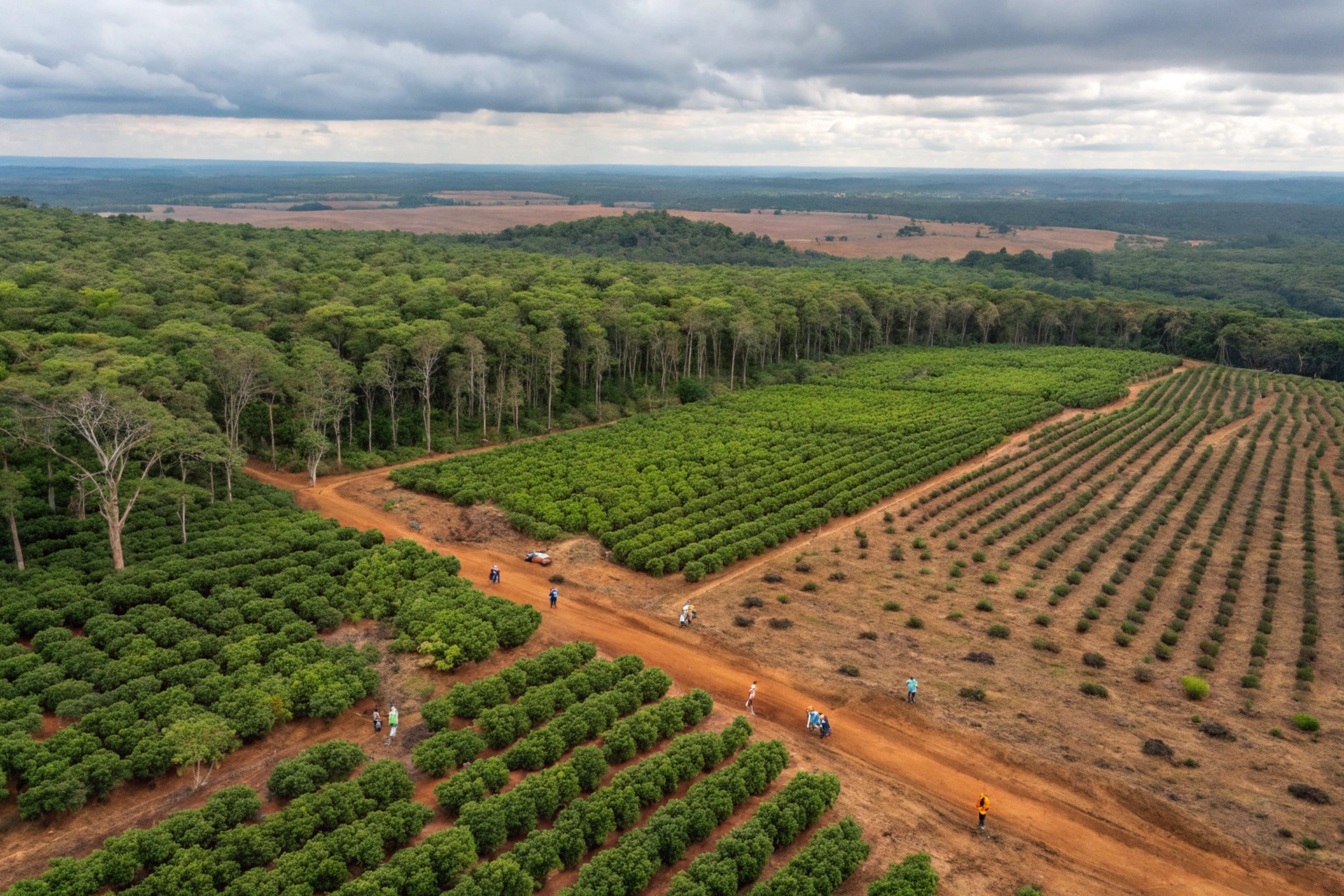 Scenic view of lush green plantations with an overlay of illustrated production flowchart and sustainable farming icons.