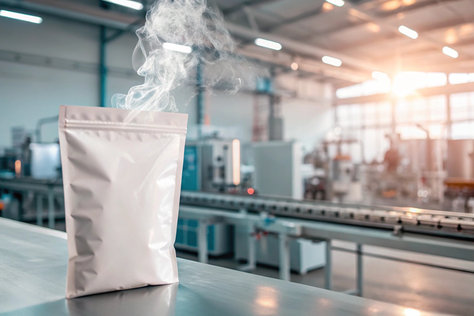 White flexible packaging pouch with steam rising, placed in a modern factory setting with production equipment in the background.