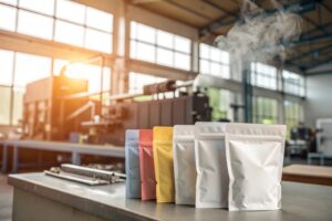 A row of colorful stand-up pouches displayed on a metal table in a modern packaging factory with sunlight streaming through large windows.